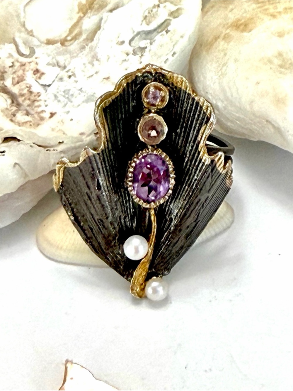 Artist Designed Amethyst Pearl Sterling Silver & 14k Palm leaf Ring